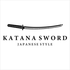 Fotobehang katana sword logo vintage vector illustration design. simple modern japanese sword of katana logo concept template emblem illustration vector design © zyxroun