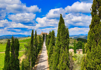 Fototapeta na wymiar Aerial view of Banfi Castle from drone in Tuscany, spring season