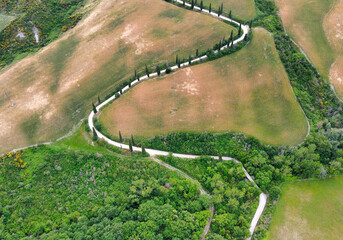 Aerial view of Monticchiello zigzag cypress road from drone in Tuscany, spring season