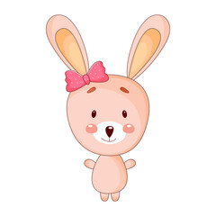 Cute baby bunny, rabbit with bow. Vector illustration. 