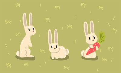 Small White Bunny in Different Poses on Green Grass or Lawn Vector Set