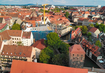 Aerial view of Nuremberg medieval skyline from drone, Germany