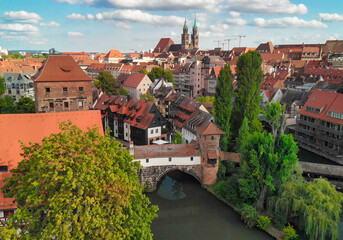 Aerial view of Nuremberg medieval skyline from drone, Germany - obrazy, fototapety, plakaty