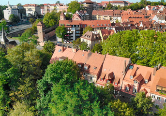 Obraz premium Aerial view of Nuremberg medieval skyline from drone, Germany