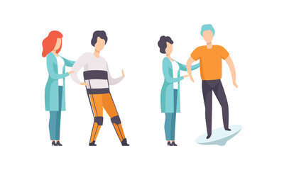 Physical Therapy or Physiotherapy with Therapist Restoring Health after Trauma or Injury Vector Set