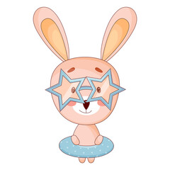 Cartoon cute bunny in sunglasses and rubber ring. Vector illustration.