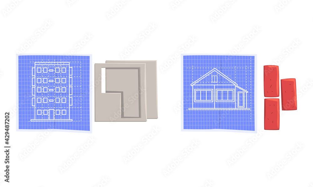 Aufkleber building process and stages of construction with industrial material and blueprint vector set