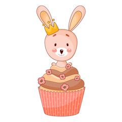 Cute baby bunny princess, rabbit with bow sitting on cupcake. Vector illustration. 