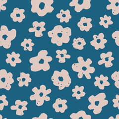 Seamless floral pattern with pink flowers on a blue background. Spring frequent flower texture. Hand drawn vector illustration great for fabric surface design, textile, background.