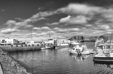 Fototapeta premium STYKKISHOLMUR, ICELAND - AUGUST 8, 2019: Panoramic view of city port