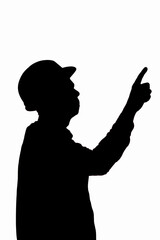 silhouette of young builder contractor in helmet on isolated background point with finger, foreman controls work
