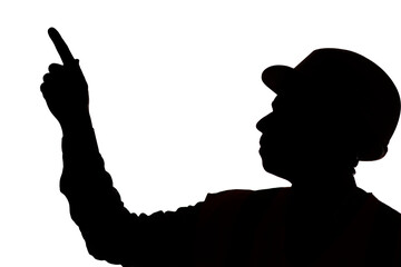 silhouette of young builder contractor in hard hat on isolated background point with finger, foreman controls work