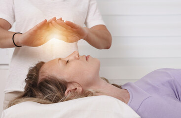 Energy healing treatment . Alternative medicine concept. Recconection - obrazy, fototapety, plakaty