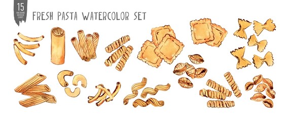 Fresh italian pasta watercolor set. Handdrawn italian food. Isolation on white watercolor set. 
