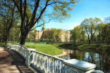 View of the Mikhailovsky Castle from a park in St. Petersburg