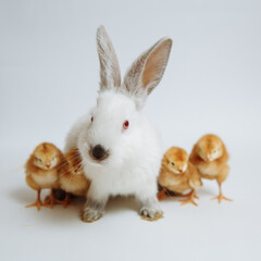 White rabbit with chicks on a white background