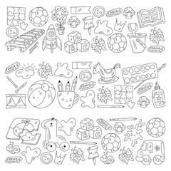 Vector pattern with boys and girls. Kindergarten and toys. Happy childhood and creativity with imagitanion.