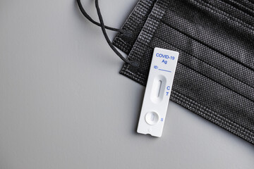 Covid-19 rapid antigen test. Rapid antibodies test kit and surgical face mask.