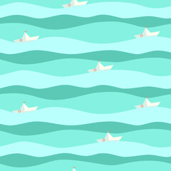 Fototapeta na wymiar Vector flat design seamless pattern: simple small white boats in blue seawith waves. For textile, wrapping paper, wallpaper, scrapbooking. Mood of summer travel and vacations.