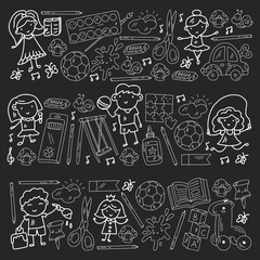 Vector pattern with boys and girls. Kindergarten and toys. Happy childhood and creativity with imagitanion.