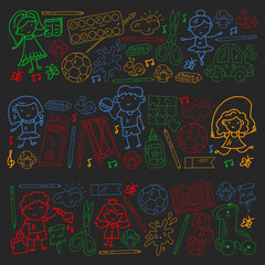Vector pattern with boys and girls. Kindergarten and toys. Happy childhood and creativity with imagitanion.