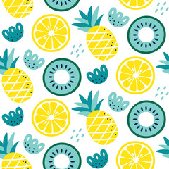 Seamless cute vector floral summer pattern with fruits lemon, kiwi, pineapple, flowers, plants, leaves