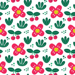 Seamless cute vector floral summer pattern with flowers, plants, cherry, leaves