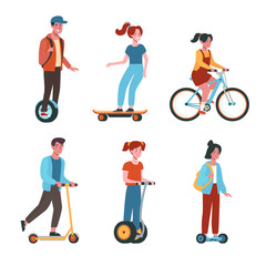 Fototapeta premium Teenagers ride bicycles, skateboards, scooters, gyroboards. Flat vector collection with kids on electric transport..Children, boys and girls ride. Colorful illustration in cartoon style isolated on