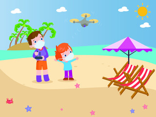 Obraz na płótnie Canvas Father and son playing with a drone cartoon 2d vector concept for banner, website, illustration, landing page, flyer, etc.