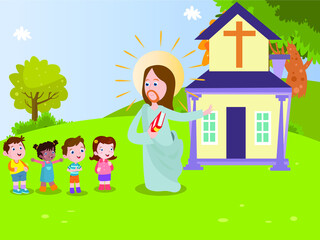 Jesus leads kids to church cartoon 2d vector concept for banner, website, illustration, landing page, flyer, etc.