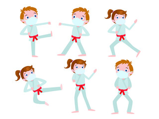 Set of kids wearing mask and martial art uniform cartoon 2d vector concept for banner, website, illustration, landing page, flyer, etc.