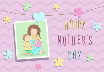 Mother's Day postcard with loving tender mother and two cute happy children, hugging each other, pastel palette, picture hanging on rope, surrounded with flowers, pink background with zigzag pattern
