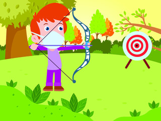 Obraz na płótnie Canvas Boy practices archery cartoon 2d vector concept for banner, website, illustration, landing page, flyer, etc.