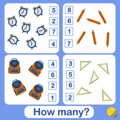Educational counting math game for preschool children on the theme of fruits. Count the number of alarm clocks, pencils, rulers, and backpacks on the picture and find the right number