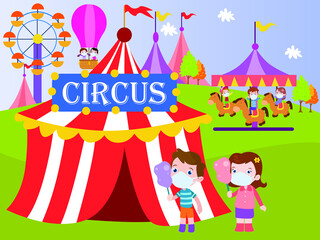 Obraz na płótnie Canvas Kids in front of a circus tent cartoon 2d vector concept for banner, website, illustration, landing page, flyer, etc.