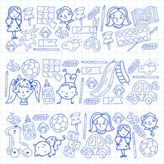 Kindergarten pattern with little children and toys. Creativity and imagination.