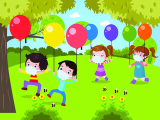 Obraz na płótnie Canvas Happy kids with balloons cartoon 2d vector concept for banner, website, illustration, landing page, flyer, etc.