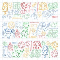 Kindergarten pattern with little children and toys. Creativity and imagination.