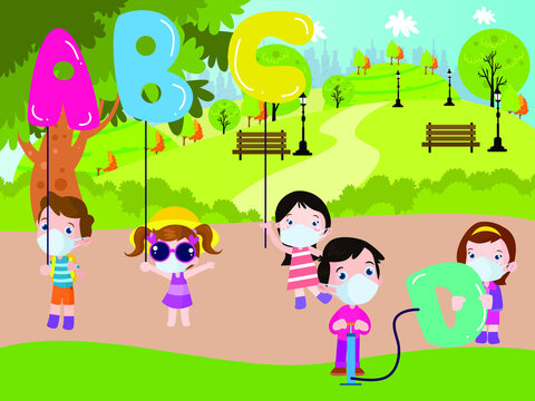 Kids with alphabet balloons cartoon 2d vector concept for banner, website, illustration, landing page, flyer, etc.