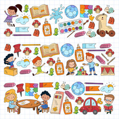 Kindergarten pattern with little children and toys. Creativity and imagination.