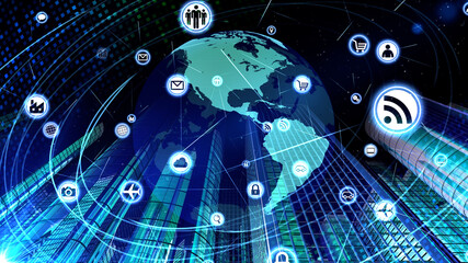 Global Communication Technology Smart City AI World 3D illustration.