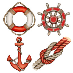 Watercolor red nautical icons buoy anchor helm and knot