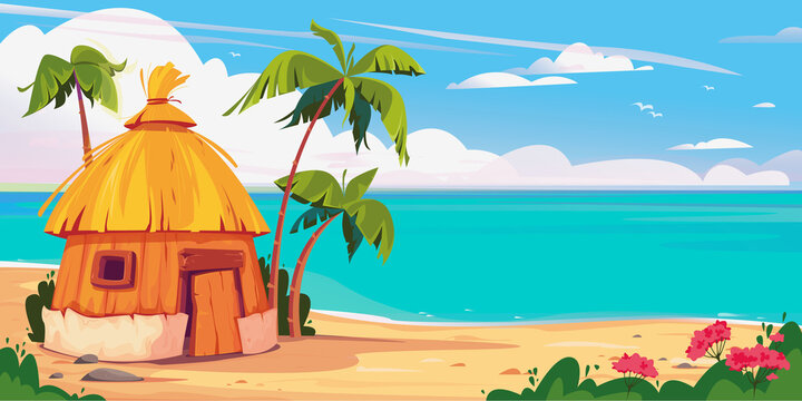 Bungalow on Maldives island with palm trees and tropical flowers, resort water villas vector banner. A hut by the ocean, summer. Thailand vacation. Hawaii resort. Template for text sky