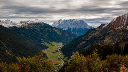 Beginning of winter with snow-capped mountains near the Zugspitze in Germany