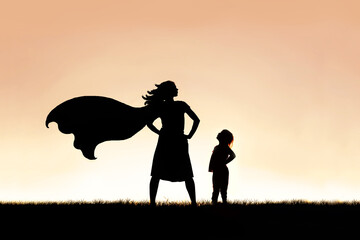 Strong Beautiful Caped Super Hero Woman Silhouette Isolated Agai - obrazy, fototapety, plakaty