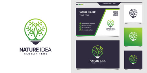 Nature logo with bulb lamp style and business card design. Nature tree logo design template Premium Vector