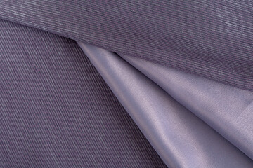 curtain fabric blackout lilac color, folded folds, top view, background