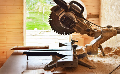 Cutting machine. A circular saw. Carpentry Works. Woodworking tools.