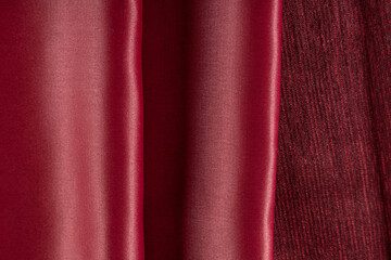 curtain fabric blackout blood red folded folds, top view, background