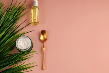 Natural hydrolyzed cosmetic collagen supplement for rejuvenation. Healthy and anti-aging relaxation concept on pink background. View from above. Copy space